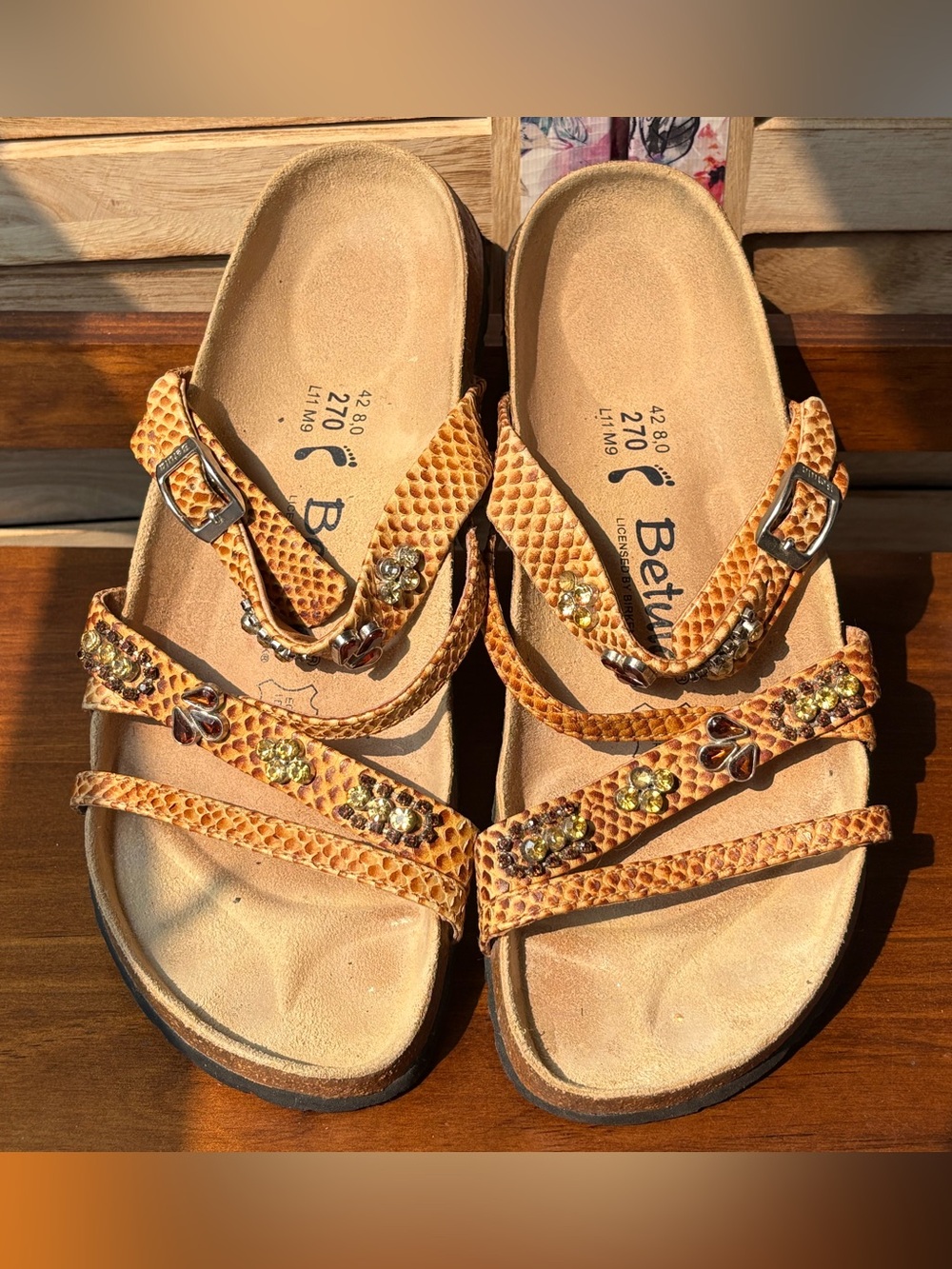 Betula by Birkenstock 42 Tan Embossed Jeweled Sandals
